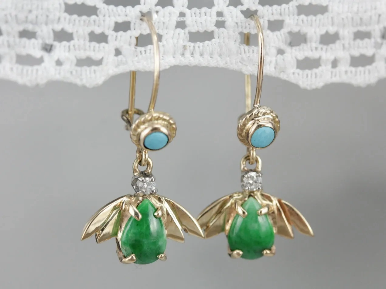 Vintage Jade Diamond and Turquoise Drop Earrings