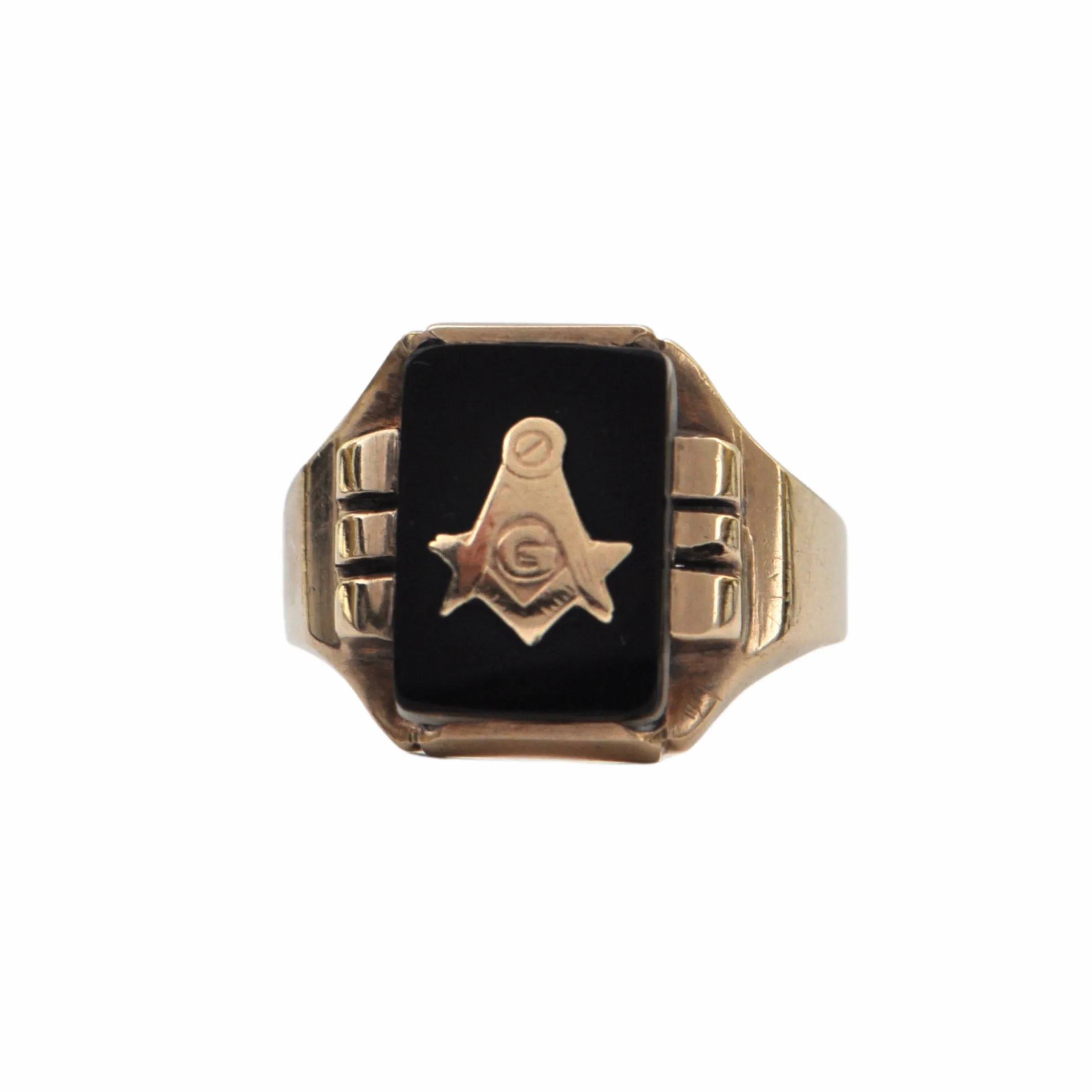Vintage Masonic 14K Yellow Gold Onyx Signet Ring