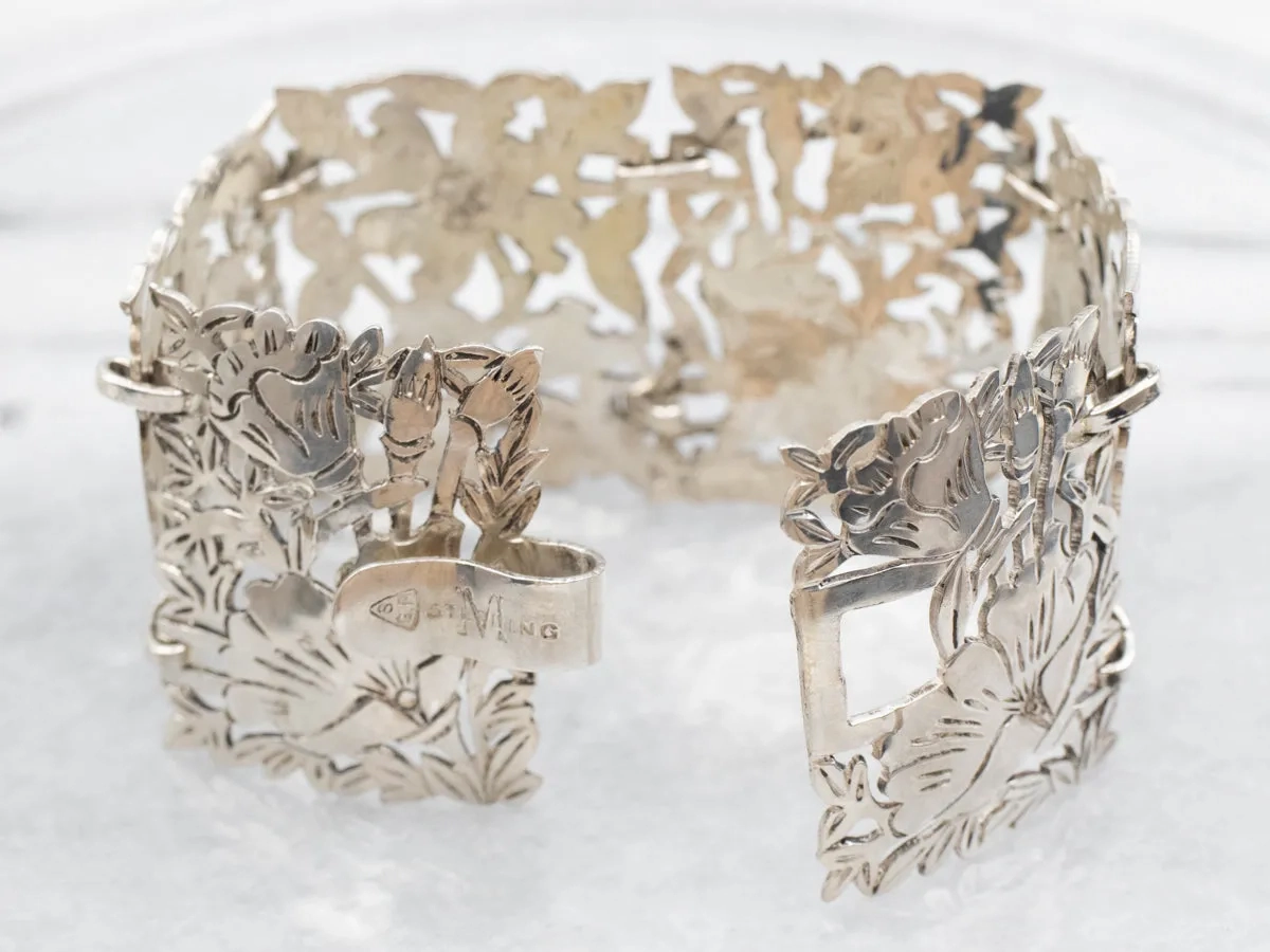 Vintage Sterling Silver Floral Engraved Panel-Link Bracelet