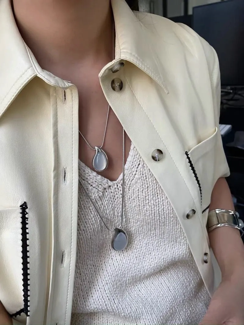 Waterdrop White Agate Red Agate Long Pendant Necklace