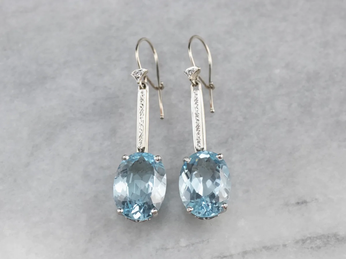 White Gold Blue Topaz and Diamond Drop Earrings