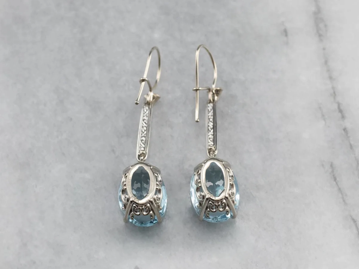 White Gold Blue Topaz and Diamond Drop Earrings