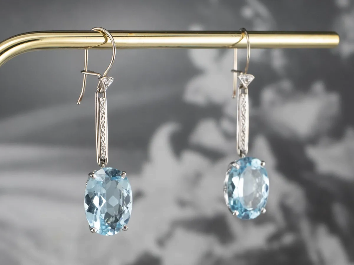 White Gold Blue Topaz and Diamond Drop Earrings