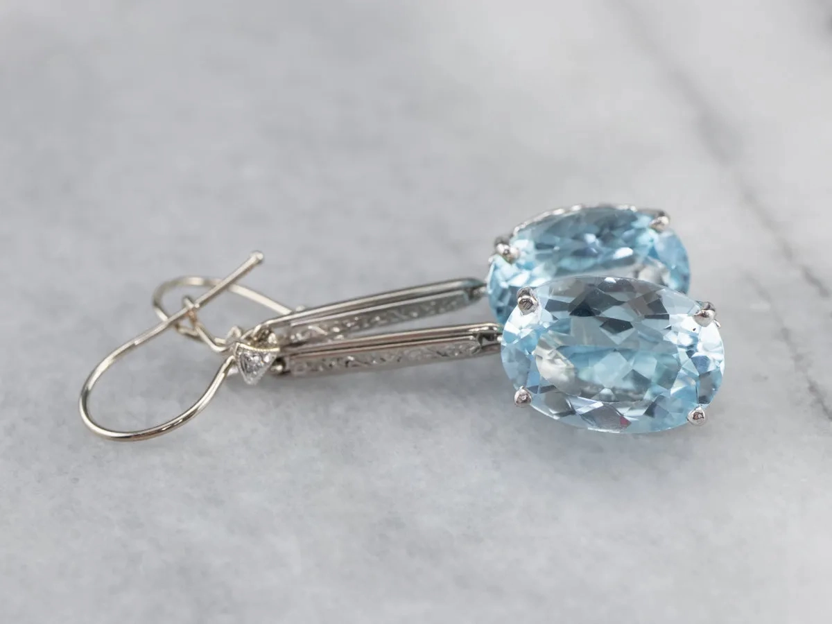 White Gold Blue Topaz and Diamond Drop Earrings