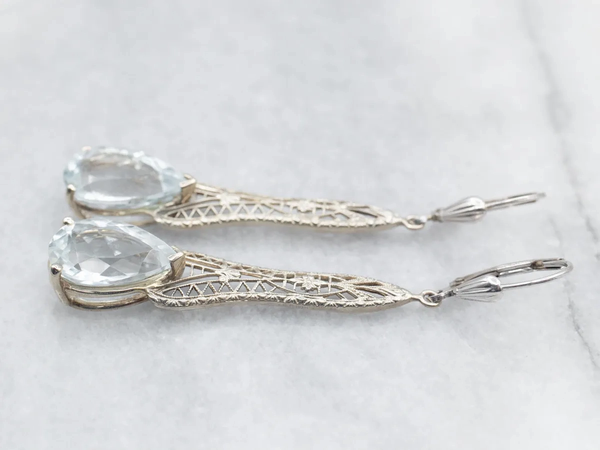 White Gold Blue Topaz Filigree Drop Earrings