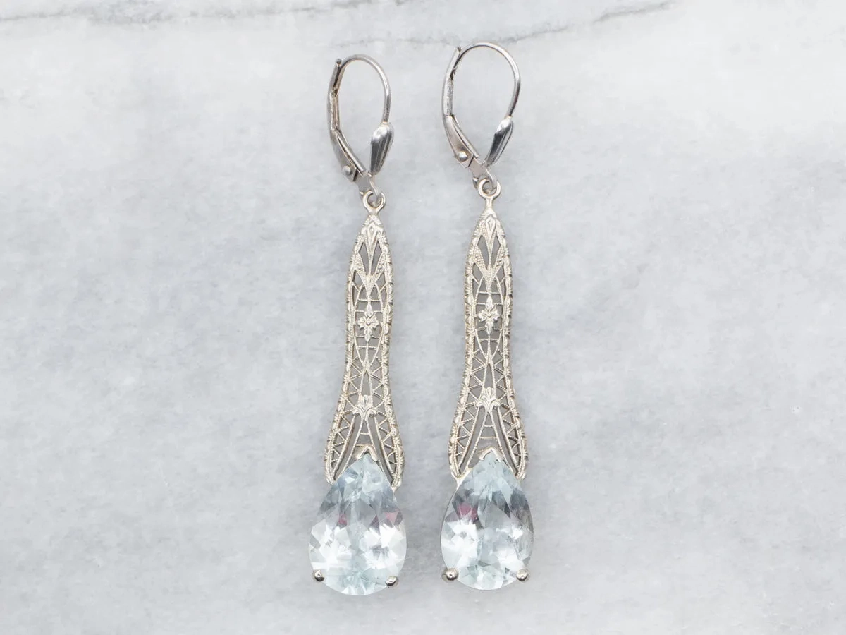 White Gold Blue Topaz Filigree Drop Earrings