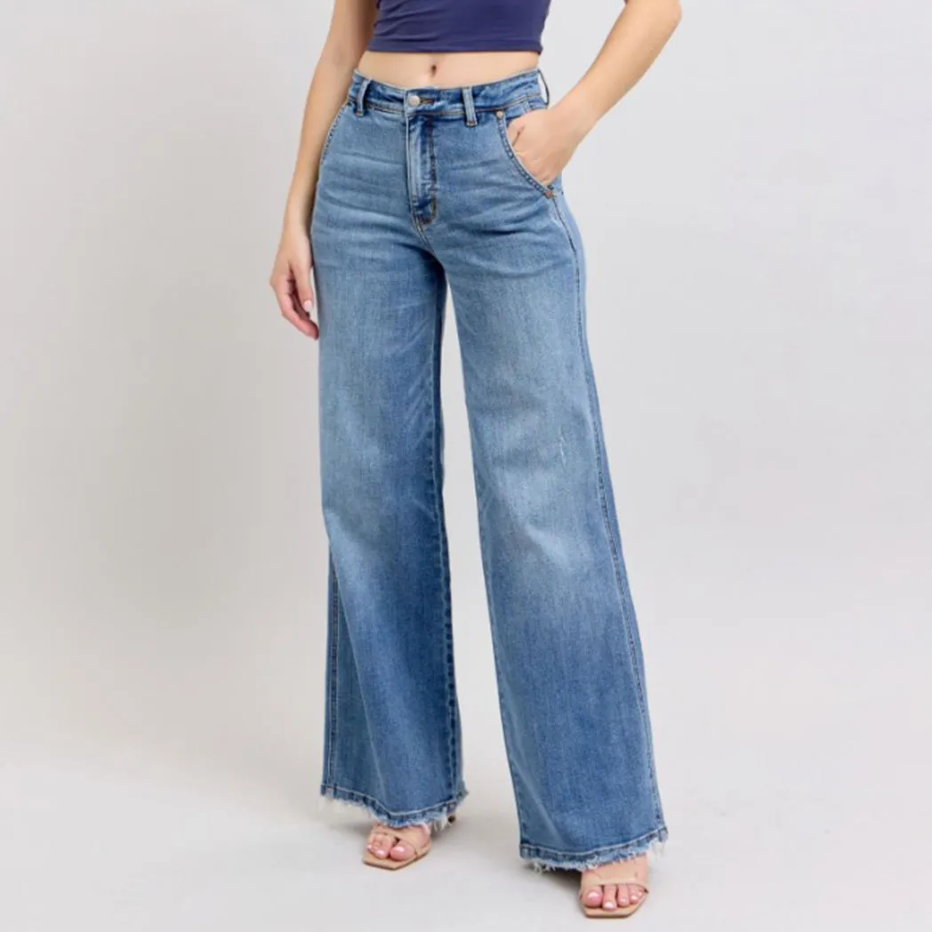 Damen Jeans mit hoher Taille im Retro-Stil und weitem Bein