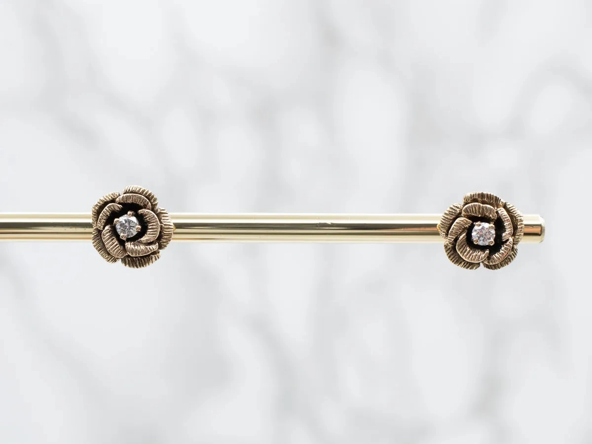 Yellow Gold Etched Flower and Diamond Stud Earrings