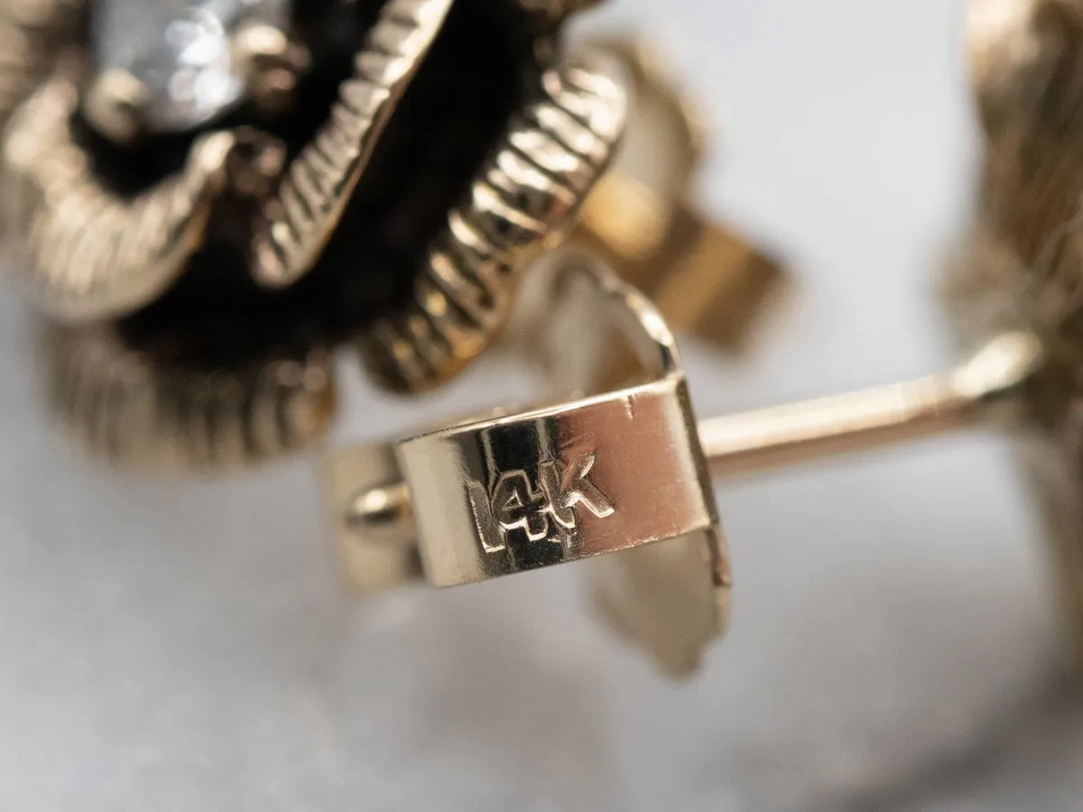 Yellow Gold Etched Flower and Diamond Stud Earrings