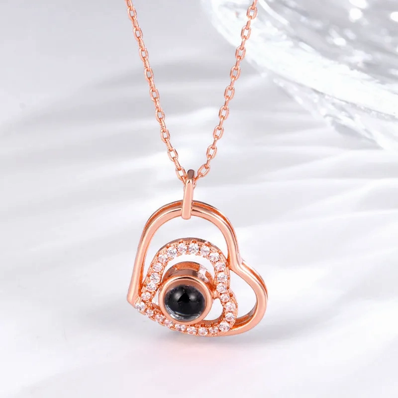 Zirconia Heart Pendant Projection Necklace with Picture inside