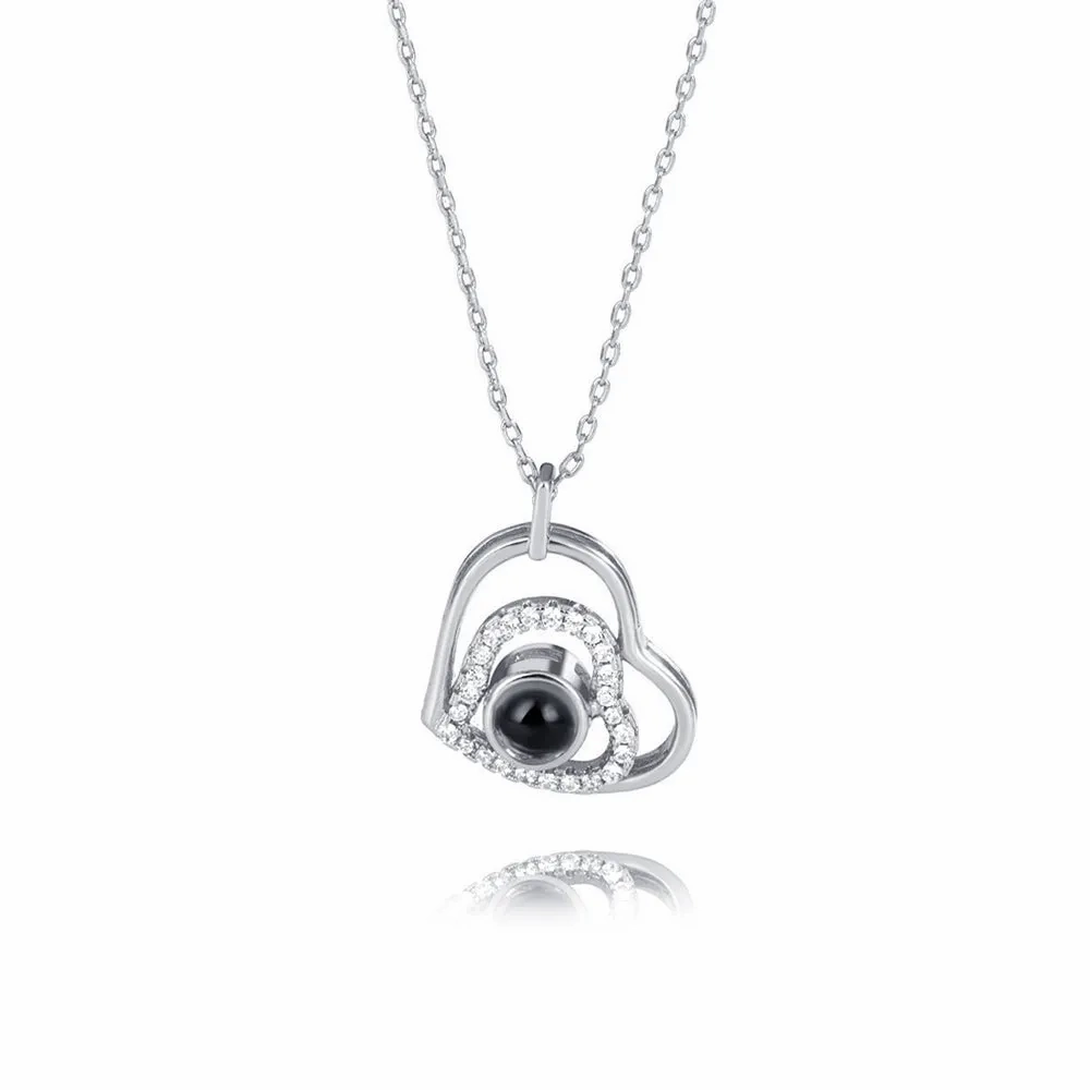 Zirconia Heart Pendant Projection Necklace with Picture inside